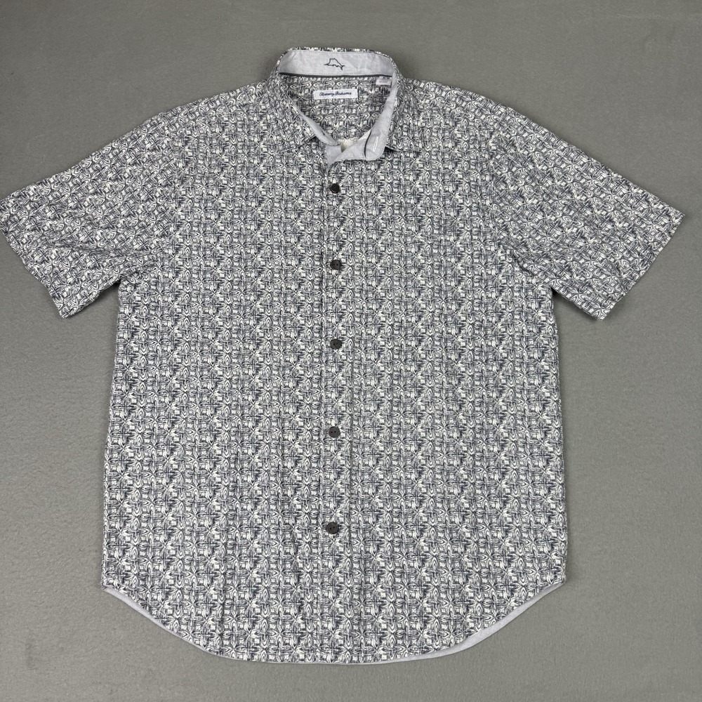 Tommy Bahama Medium Silk Geometric Hawaiian Button Up Shirt Black White